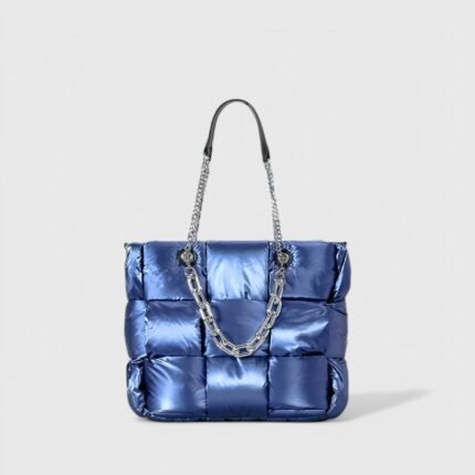 Rhombus Stitch Down-Inspired Puffer Tote Bag with Quilted Shine Chain