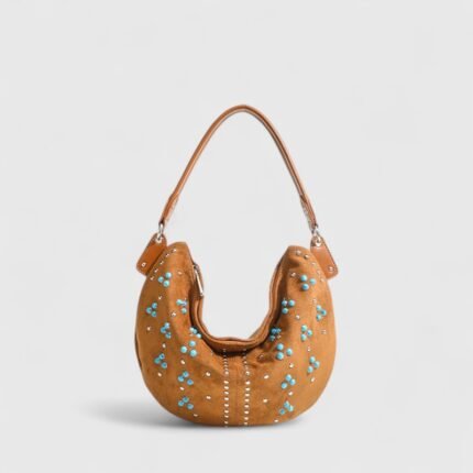 Spring Crescent Suede Shoulder Bag with Rivets