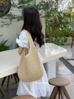 Vertical Square Woven Crossbody Bag Beige
