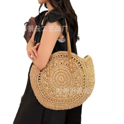 Round Boho Woven Crossbody Bag Brown