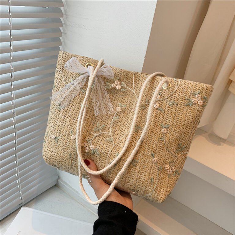 Flora Lace Woven Tote Bag Khaki