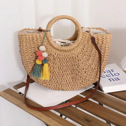 Straw Woven Half-Circle Straw Crossbody Bag